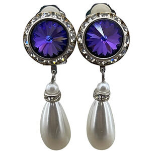 Vintage Purple Clear Crystal Rhinestone Clip-On Earrings Drop Pearl Silver Tone